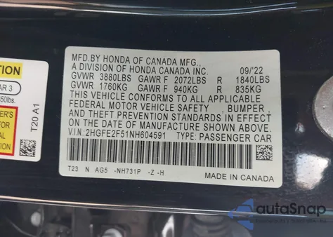 2022 Honda Civic Sport z USA, uszkodzony, nr VIN 2HGFE2F51NH604591